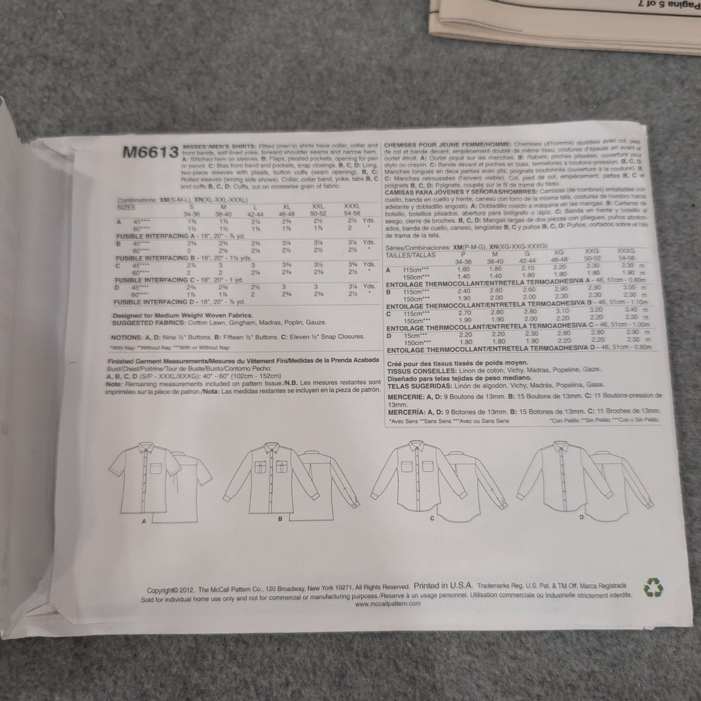 McCalls M6613 Misses Mens Fitted Shirt Sewing Pattern Size S-XXXL Factory Folded - Picture 2 of 2